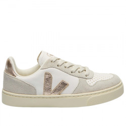VEJA KID'S SMALL V-10 LACES LEATHER SNEAKERS DE PIEL PARA NIÑAS CX0520620C320 EXTRA-WHITE PLATINE NATURAL VEJA091
