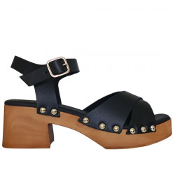 VIA VERDA SANDALIAS DE PIEL CON TACHAS PISO IMITACIÓN MADERA TACÓN PARA MUJER W-9 NEGRO VIVE001