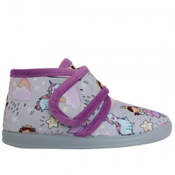 VULCA-BICHA ZAPATILLAS DE CASA CERRADAS VELCRO "HADAS Y UNICORNIOS" NIÑAS 1077 CENIIZA / LILA VUL133
